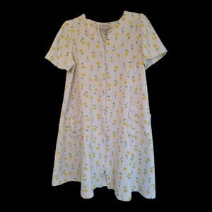 Miss Elaine House Coat Robe Full Zip Summer White Yellow Floral Waffle Texture M